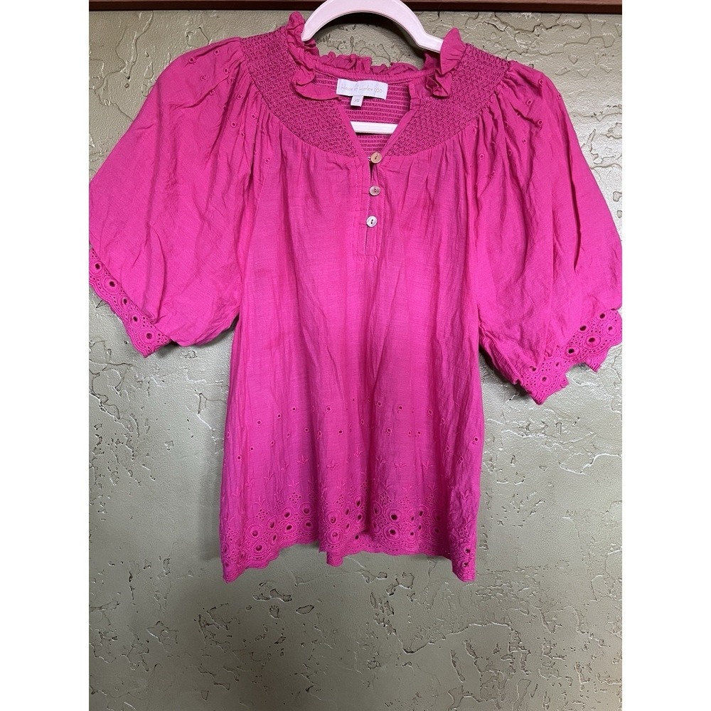 House of Harlow Eyelet Smocked Puff Sleeve Cotton Blouse XS Boho Cottage Chic
